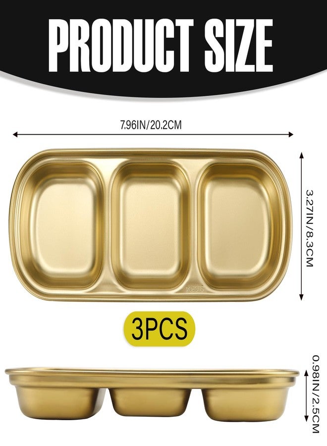 LCJAOF 3Pcs Stainless Steel Dipping Bowls-3 Compartment Appetizer Serving Tray, Soy Sauce Dish for Condiments, BBQ Sauce, and Seasoning, Dishwasher Safe, Gold - Image 2