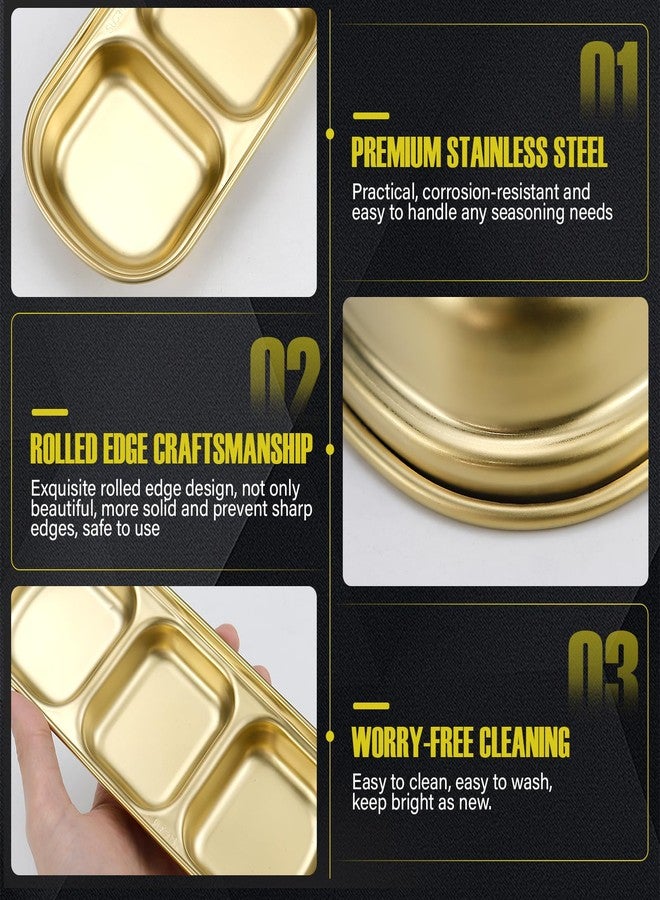 LCJAOF 3Pcs Stainless Steel Dipping Bowls-3 Compartment Appetizer Serving Tray, Soy Sauce Dish for Condiments, BBQ Sauce, and Seasoning, Dishwasher Safe, Gold - Image 3