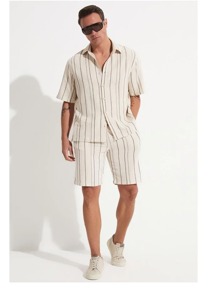 جون June Men Linen Look Striped Short Ecru - Black