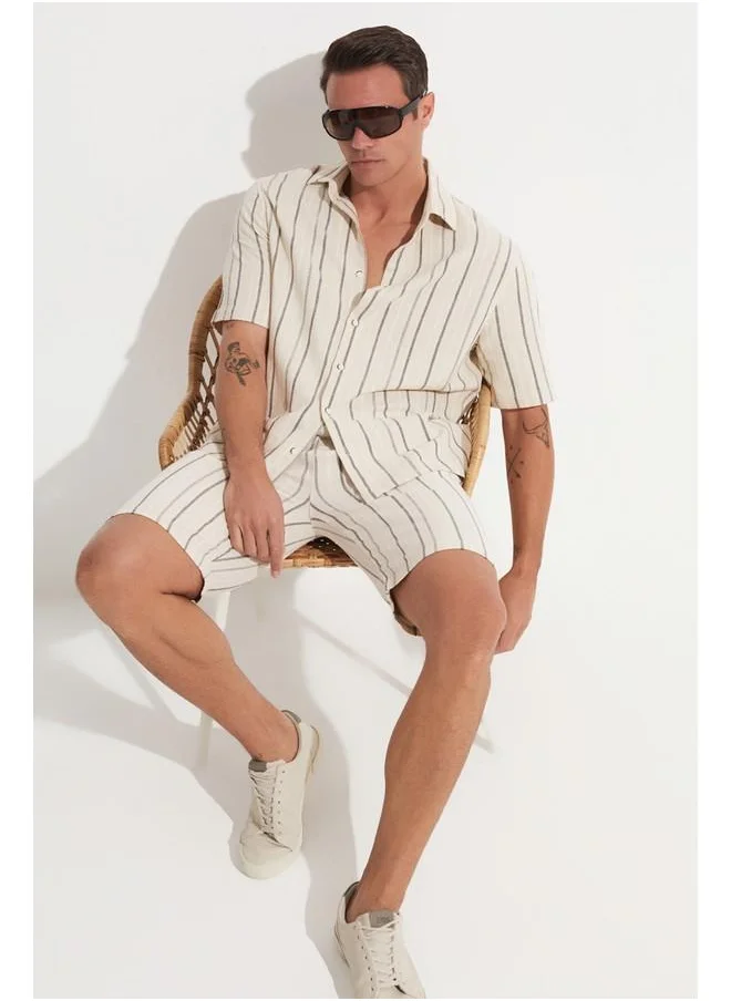 جون June Men Linen Look Striped Short Ecru - Black