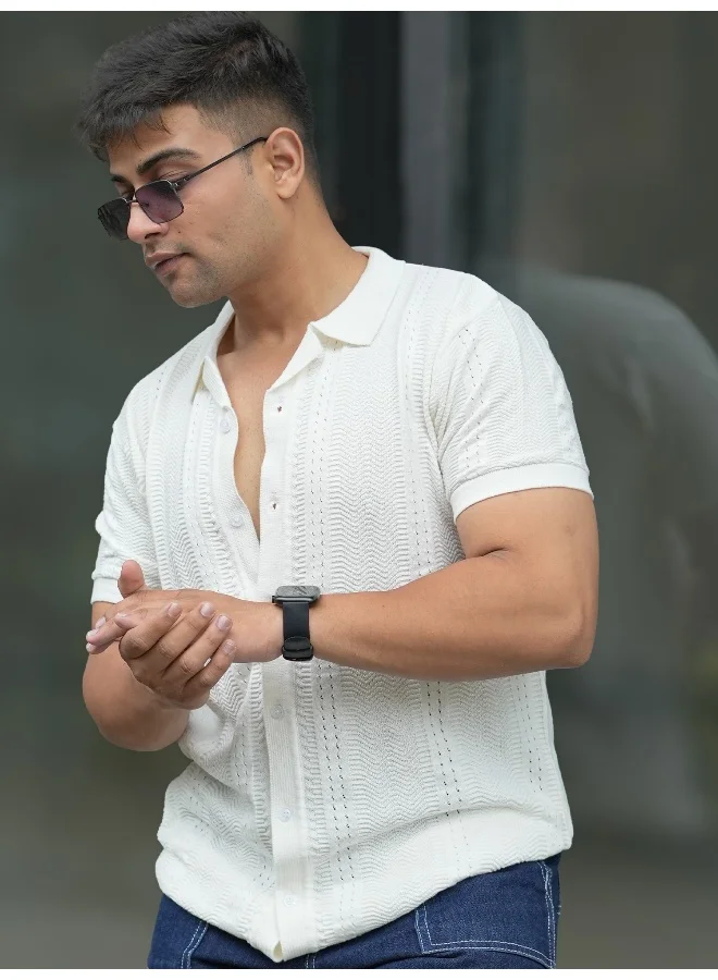 مانياك قميص رجالي مانياك أبيض قطن بقصة ضيقة وأكمام 3/4