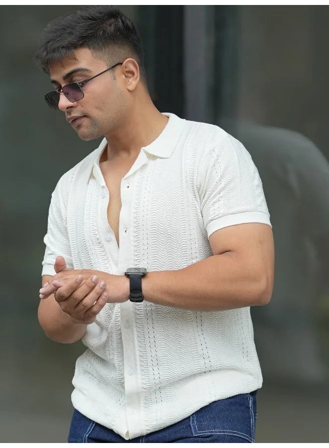 Maniac Maniac Mens Solid Textured Half Sleeve White Cotton Slim Fit Shirt