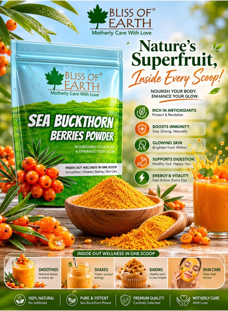 Bliss of Earth Sea Buckthorn Powder 100g, 100% Pure & Natural Sea Buckthorn Berry Powder, Rich in Omega 7, Antioxidants & Vitamin C, Supports Skin Glow, Immunity & Energy - Image 2
