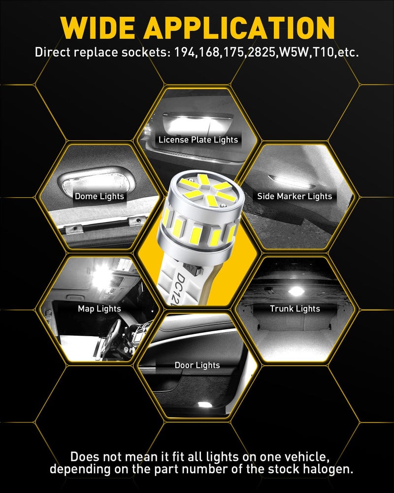 AUXITO Latest 194 LED Bulbs for License Plate Light 6500K Bright White, Canbus Error Free 168 2825 T10 W5W LED Bulb for Car Dome Door Map Courtesy Trunk Cargo License Plate Lights, Pack of 2 - Image 4
