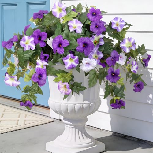 Ammyoo Artificial Fake Flowers Plants for Outdoor Decoration 2PCS Faux Petunias Silk Flower UV Resistant No Fade for Home Outside Garden Balcony Yard Porch Realistic Indoor Decor Purple White - Image 1