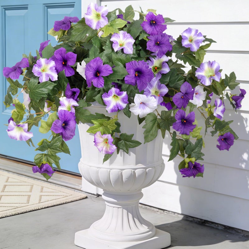 Ammyoo Artificial Fake Flowers Plants for Outdoor Decoration 2PCS Faux Petunias Silk Flower UV Resistant No Fade for Home Outside Garden Balcony Yard Porch Realistic Indoor Decor Purple White - Image 2