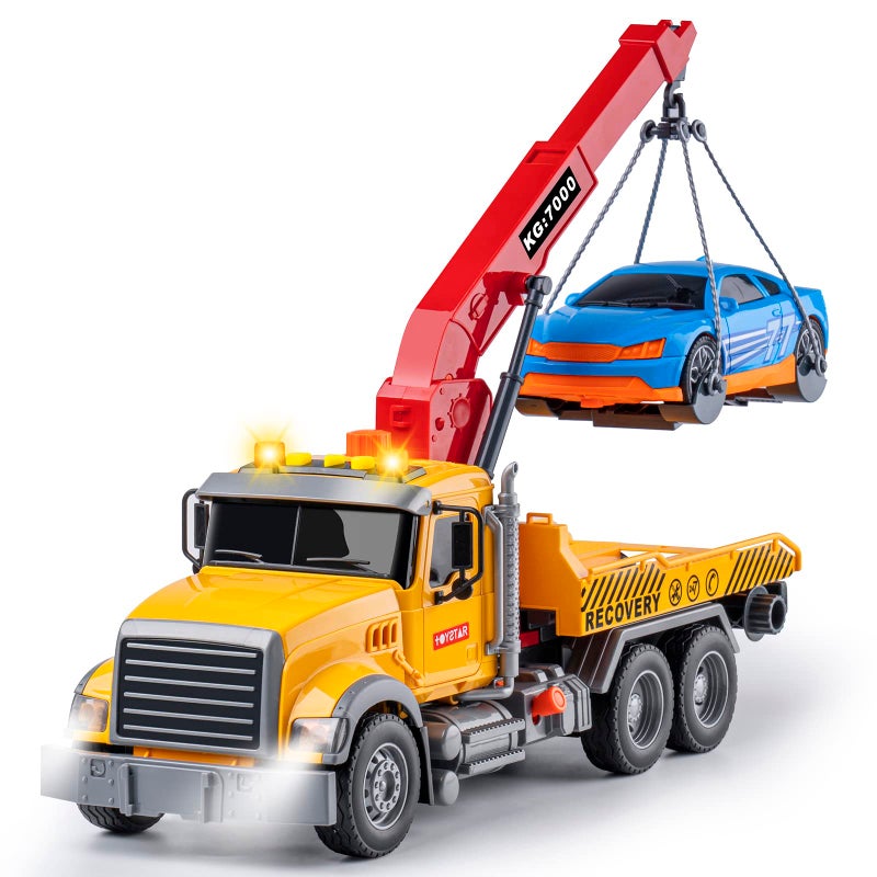 haomsj Big Tow Trucks Toy Trucks with Hook and Car for Boys Pull Back Truck Toys with Light and Sound for Kids (1:18 Plastic Tow Truck) - Image 1
