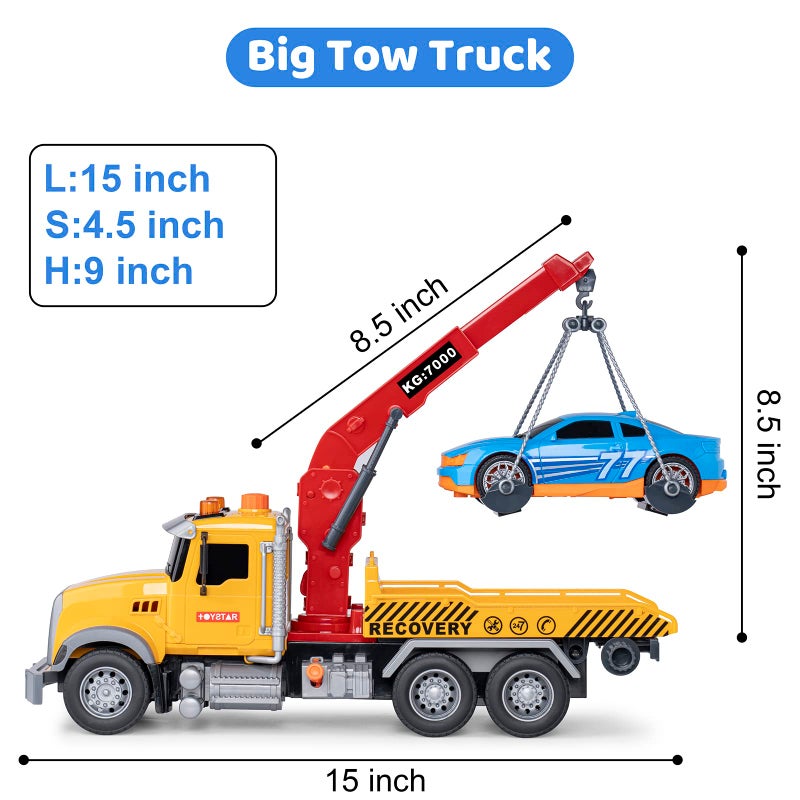 haomsj Big Tow Trucks Toy Trucks with Hook and Car for Boys Pull Back Truck Toys with Light and Sound for Kids (1:18 Plastic Tow Truck) - Image 2