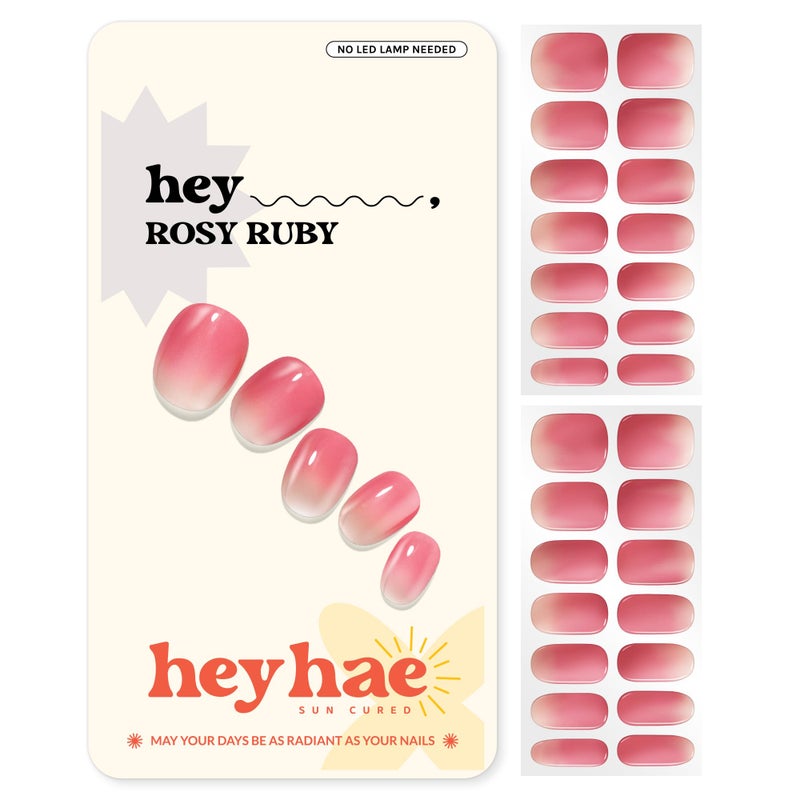 Heyhae Semi Cured Gel Nail Strips | Sun-Cured No LED Lamp Needed Easy Apply & Remove | Includes 28 Strips, 1 Prep Pad, 1 Nail File & 1 Wooden Stick - Hey, Rosy Ruby - Image 1