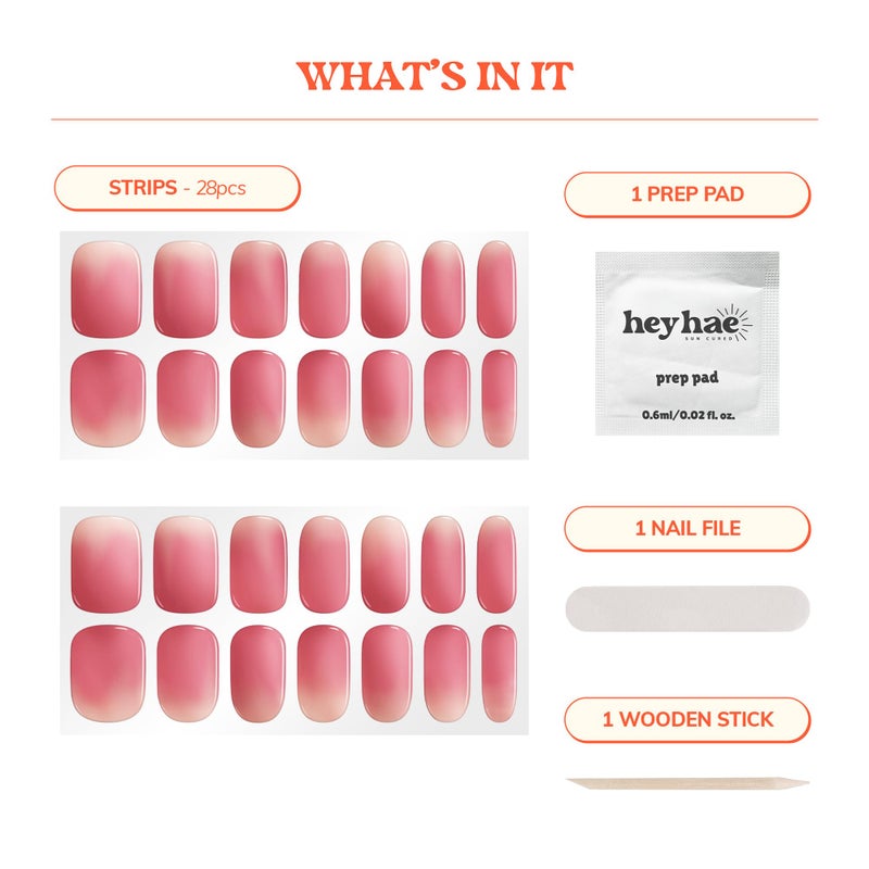Heyhae Semi Cured Gel Nail Strips | Sun-Cured No LED Lamp Needed Easy Apply & Remove | Includes 28 Strips, 1 Prep Pad, 1 Nail File & 1 Wooden Stick - Hey, Rosy Ruby - Image 5