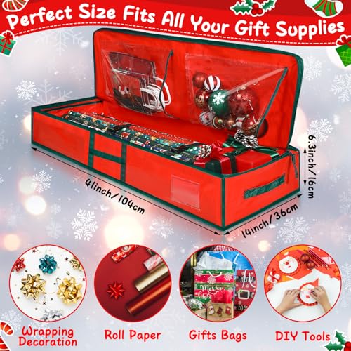 Abbylike 2 Pcs Christmas Underbed Wrapping Paper Organizers Storage Gift Wrap Container Xmas Holiday Tear Proof Storage Bag with Interior Pockets Hold up to 20 Rolls 41 W x 14 D x 6 HRed - Image 3