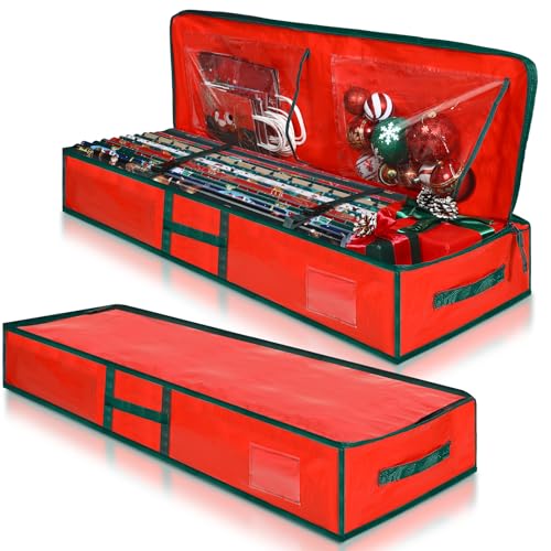 Abbylike 2 Pcs Christmas Underbed Wrapping Paper Organizers Storage Gift Wrap Container Xmas Holiday Tear Proof Storage Bag with Interior Pockets Hold up to 20 Rolls 41 W x 14 D x 6 HRed - Image 1