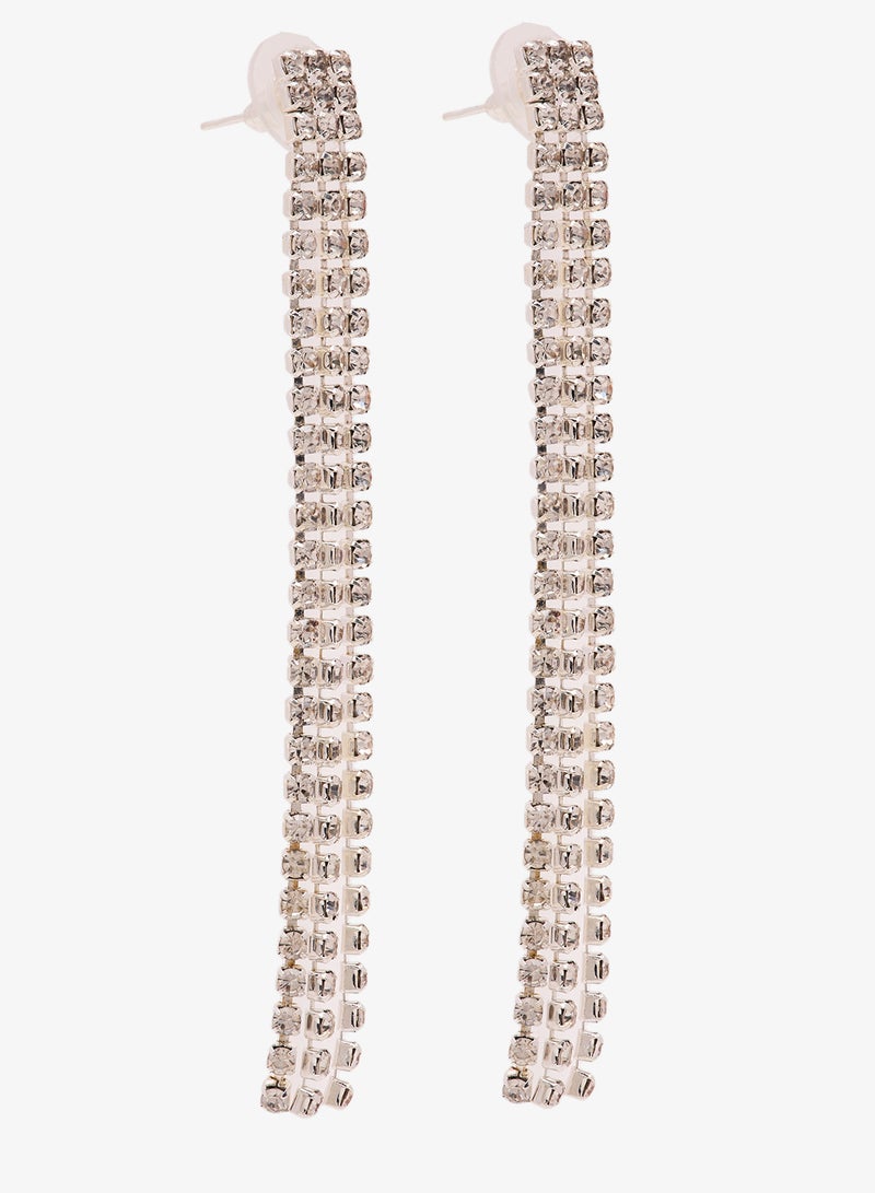 Ella Limited Edition Silver Diamonte Rhinestone Embellished Detailed Drop Down Earrings - Image 1