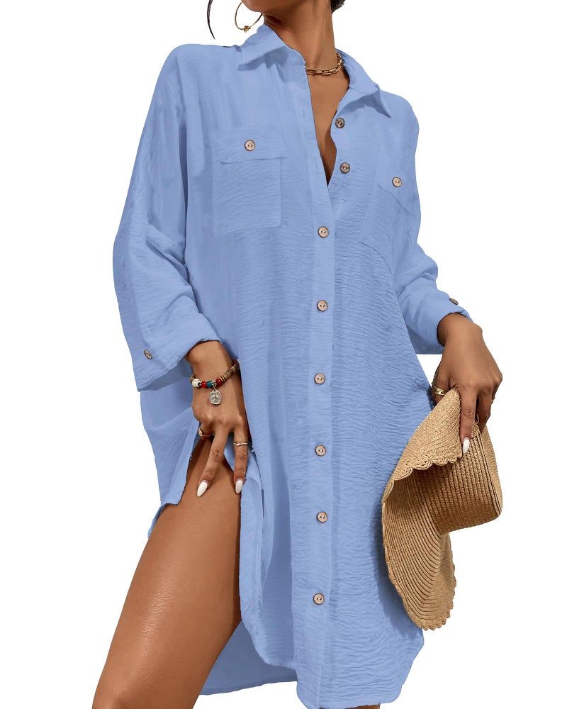 Bsubseach Womens Modern Swimsuit Cover Up Blouse Button Down Shirt Dresses Tops Sky Blue S - Image 1