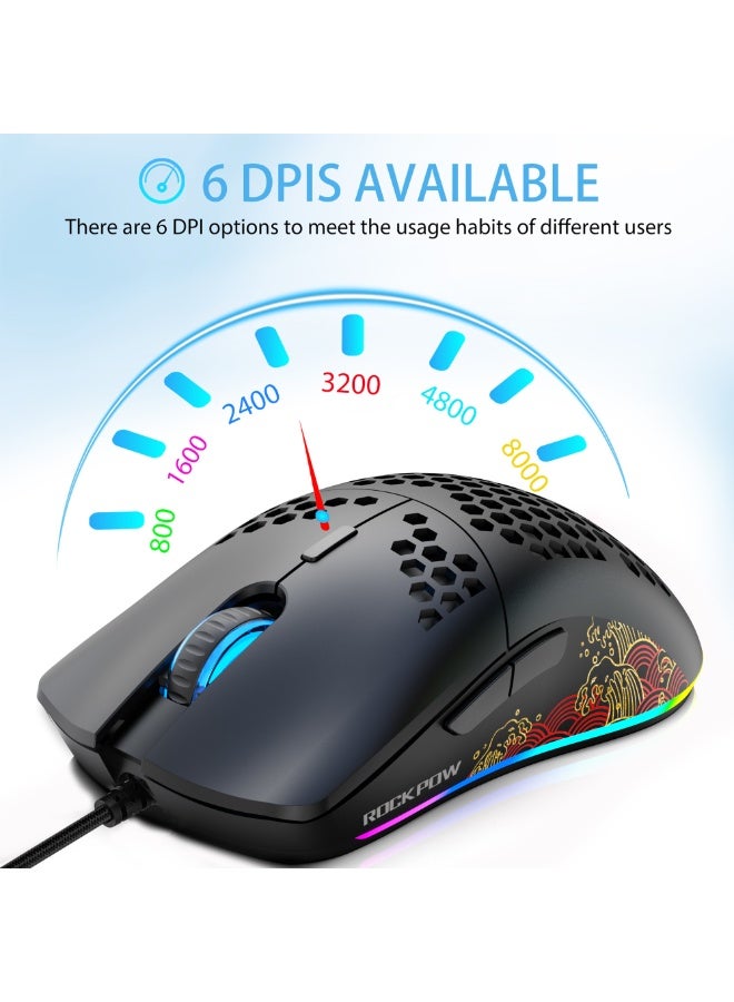Rock Pow 60% Wired Gaming Keyboard Mouse Combo,RGB Gaming Mice Ergonomic Ultralight 8000DPI Optical Sensor,68 Keys RGB Backlit Gaming Keyboard,Ultra-Compact Mini Waterproof Keyboard for PC Computer Gamer. - Image 2