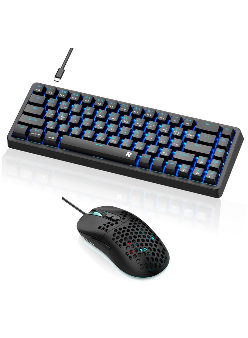 روك بو مجموعة لوحة مفاتيح ميكانيكية سلكية للألعاب (بحجم 60%) وماوس للألعاب؛ ماوس RGB مريح وفائق الخفة بدقة 12800 نقطة في البوصة (DPI) ومعدل استجابة 1000 هرتز، ولوحة مفاتيح بـ 68 مفتاحاً وإضاءة خلفية زرقاء جليدية؛ مجموعة ألعاب صغيرة الحجم للغاية ومقاومة للماء مخصصة للاعبي الكمبيوتر الشخصي. - Image 1