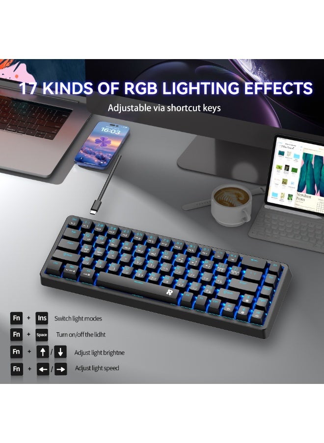 روك بو مجموعة لوحة مفاتيح ميكانيكية سلكية للألعاب (بحجم 60%) وماوس للألعاب؛ ماوس RGB مريح وفائق الخفة بدقة 12800 نقطة في البوصة (DPI) ومعدل استجابة 1000 هرتز، ولوحة مفاتيح بـ 68 مفتاحاً وإضاءة خلفية زرقاء جليدية؛ مجموعة ألعاب صغيرة الحجم للغاية ومقاومة للماء مخصصة للاعبي الكمبيوتر الشخصي. - Image 3
