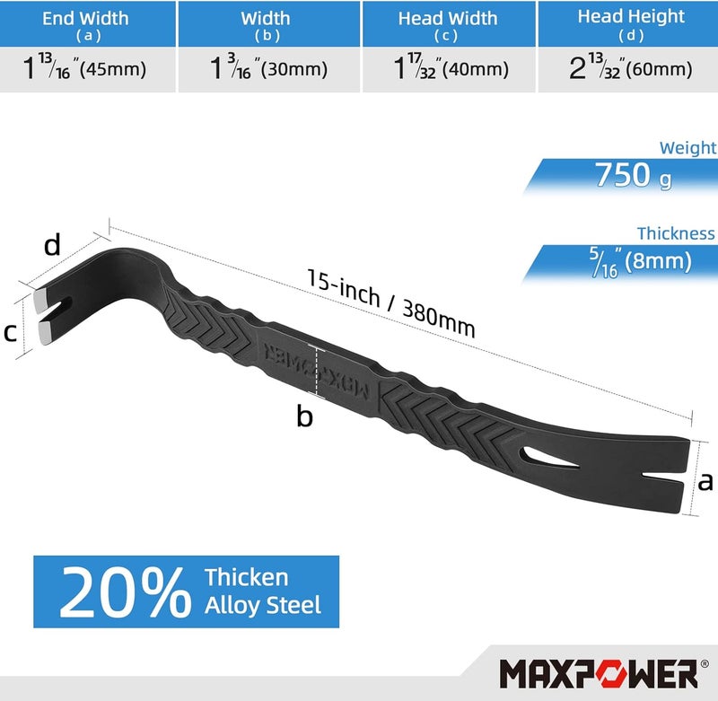 Max Power 2Pcs Pry Bar Set, Heavy Duty Flat Pry Bar 15-inch and Claw Nail Puller 12-inch, Strikable Head and Full Body Drop Forged Crowbar Tools - Image 3