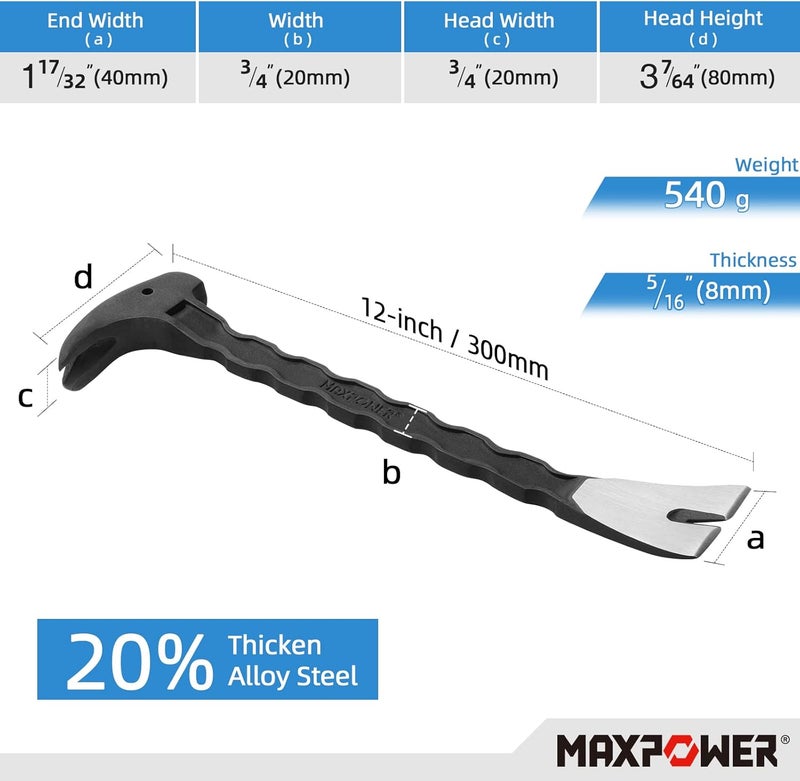 Max Power 2Pcs Pry Bar Set, Heavy Duty Flat Pry Bar 15-inch and Claw Nail Puller 12-inch, Strikable Head and Full Body Drop Forged Crowbar Tools - Image 4