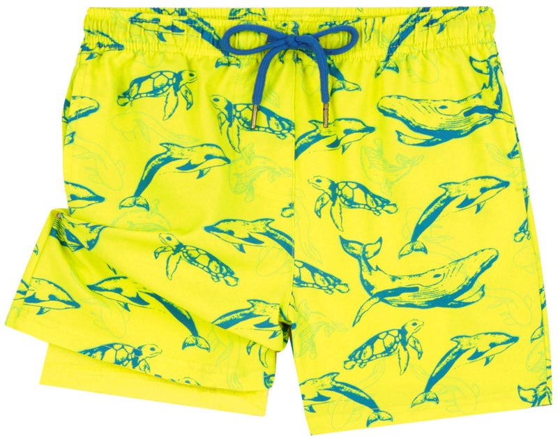 UMELOK Boys Swim Trunks Swimsuit Boxer Brief 2 in 1 Compression Liner Stretch Swim Shorts Quick Dry Beach Bathing Suit Neon Yellow Shark 5/6 - Image 1
