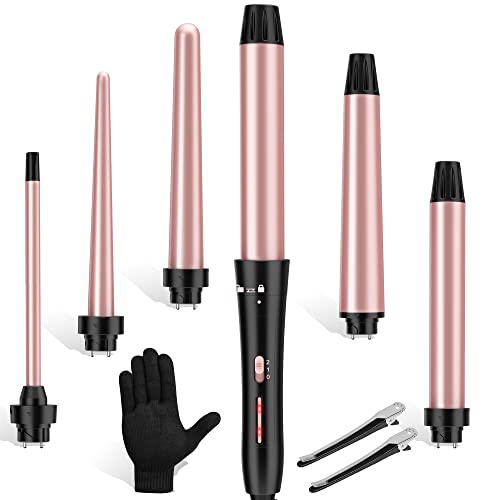 USHOW Curling Iron Set, USHOW 6 in 1 Curling Wand Set Hair Iron Kit Instant Heat Up Hair Curler with 6 Interchangeable Tourmaline Ceramic Barrels (0.35'' to 1.25'') Temperature Adjustments, with Gloves - Image 1