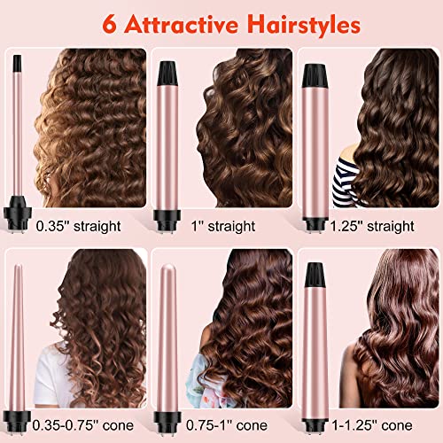 USHOW Curling Iron Set, USHOW 6 in 1 Curling Wand Set Hair Iron Kit Instant Heat Up Hair Curler with 6 Interchangeable Tourmaline Ceramic Barrels (0.35'' to 1.25'') Temperature Adjustments, with Gloves - Image 2