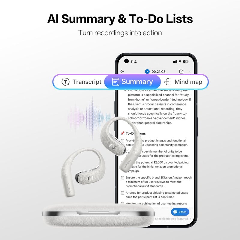 Viaim OpenNote AI Recorder – Open Ear Earbuds with FlashRecord, Call Recording, Real-Time Transcription, Translation, AI Assistant, for Students, Professionals & Interview Recording, White - Image 4