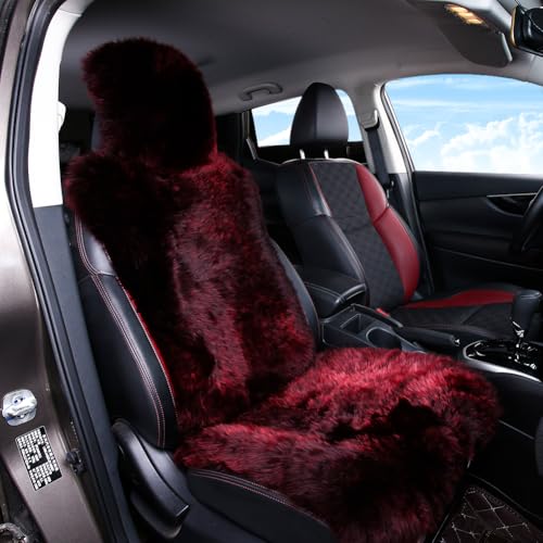 OGLAND Sheepskin Fur Car Seat Covers Universal Size Australian Long Wool Car Seat Cushion for Adult Man Women 1 Piece Seat BurgundyDark Red