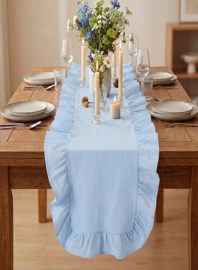 Oudain Dusty Blue Ruffle Table Runner Cotton Fabric 118 x 13.8'' Farmhouse Rustic Ruffled Edge Table Runner Wedding Decor for Spring Baby Shower Bridal Shower Party - Image 4