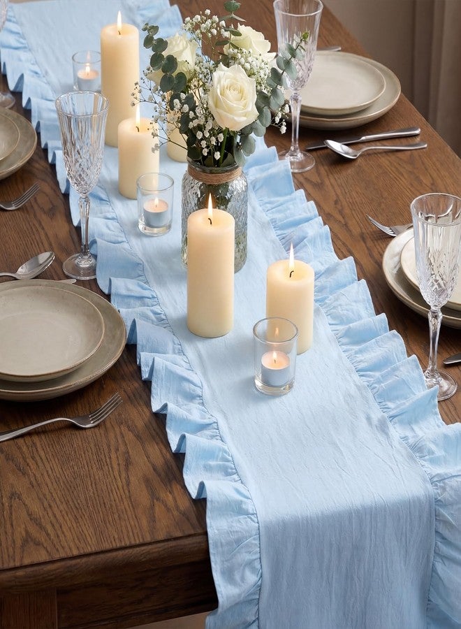 Oudain Dusty Blue Ruffle Table Runner Cotton Fabric 118 x 13.8'' Farmhouse Rustic Ruffled Edge Table Runner Wedding Decor for Spring Baby Shower Bridal Shower Party - Image 2
