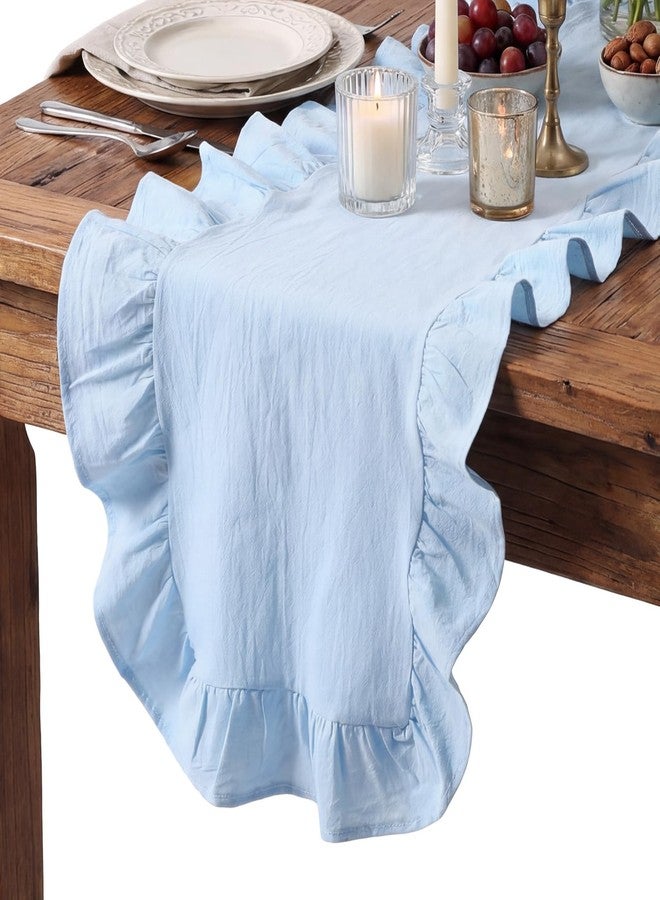 Oudain Dusty Blue Ruffle Table Runner Cotton Fabric 118 x 13.8'' Farmhouse Rustic Ruffled Edge Table Runner Wedding Decor for Spring Baby Shower Bridal Shower Party - Image 1