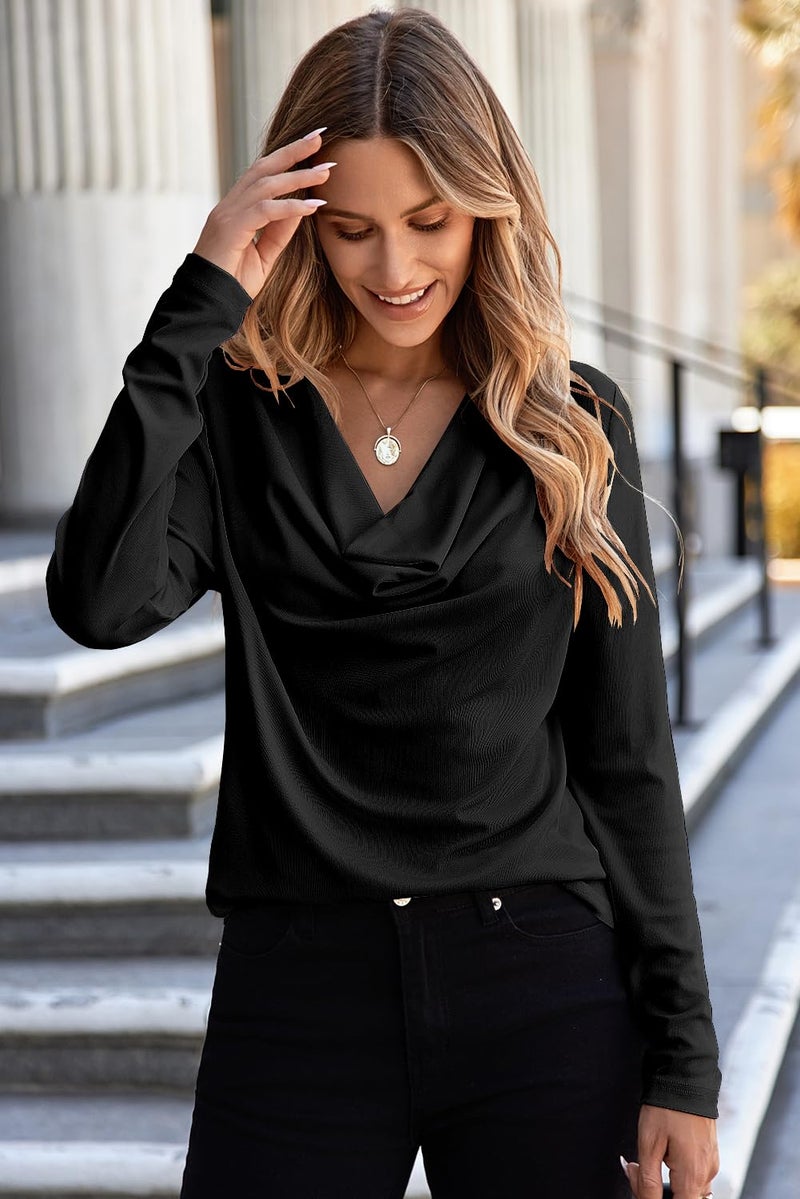 EVALESS Womens Tops Spring Long Sleeve Cowl Neck Shirts for Women Black Draped Shirts Comfortable Professional Teacher Outfits Work Office Formal Business Casual Outfits Loose Fitted, X-Large - Image 3