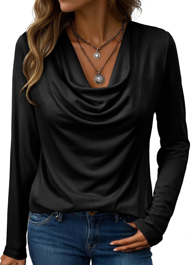 EVALESS Womens Tops Spring Long Sleeve Cowl Neck Shirts for Women Black Draped Shirts Comfortable Professional Teacher Outfits Work Office Formal Business Casual Outfits Loose Fitted, X-Large - Image 1