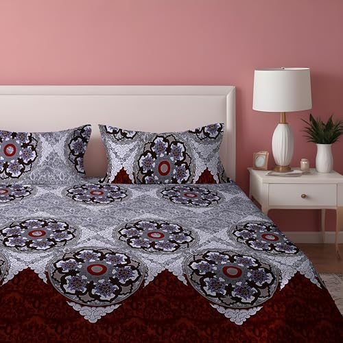 DREAMLET Prime Collections 160TC Glace Cotton Wrinkelfree Breathable Supersoft Double Flat Bedsheet with 2 Pillow Covers (Grey Maroon, Flat) - Image 5