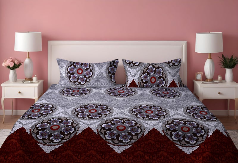 DREAMLET Prime Collections 160TC Glace Cotton Wrinkelfree Breathable Supersoft Double Flat Bedsheet with 2 Pillow Covers (Grey Maroon, Flat) - Image 1