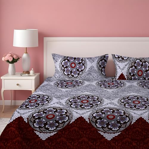 DREAMLET Prime Collections 160TC Glace Cotton Wrinkelfree Breathable Supersoft Double Flat Bedsheet with 2 Pillow Covers (Grey Maroon, Flat) - Image 2