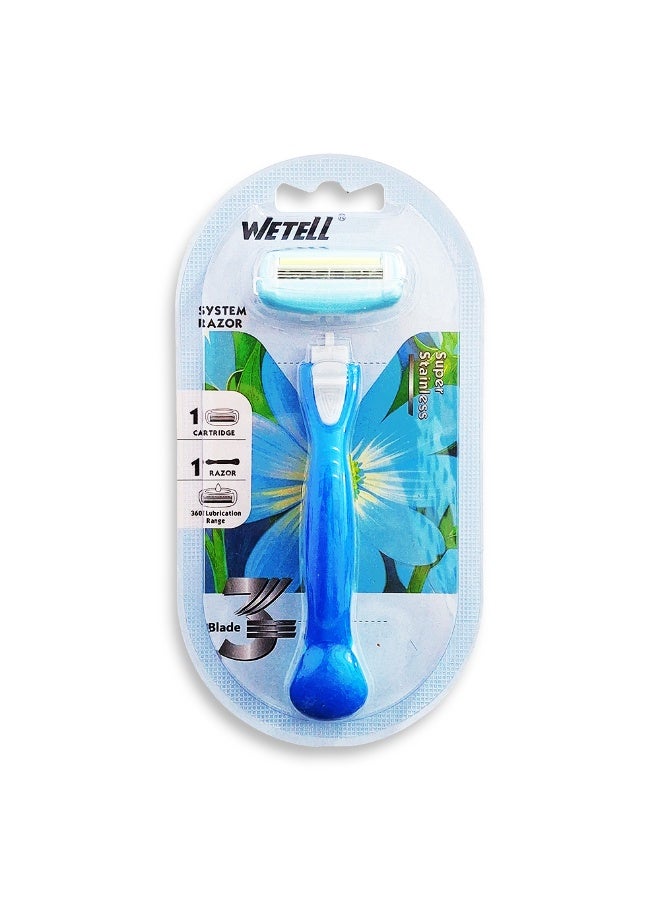 WETELL Women's razor with 3 nano-precision blades and a 360° moisturizing strip, enriched with aloe vera and vitamin E for sensitive skin, a flexible head that conforms to the contours of the skin, and protective rubber fins for a smooth and safe shave without irritation. - Image 1