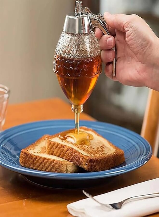 Unique Glass & Stainless Steel Honey Pouring Solution, Honeycomb Inspired Designed Honey Pot, Squeeze Bottle for Symmetrical Syrup Dispensing, Available in PRIME SHOP