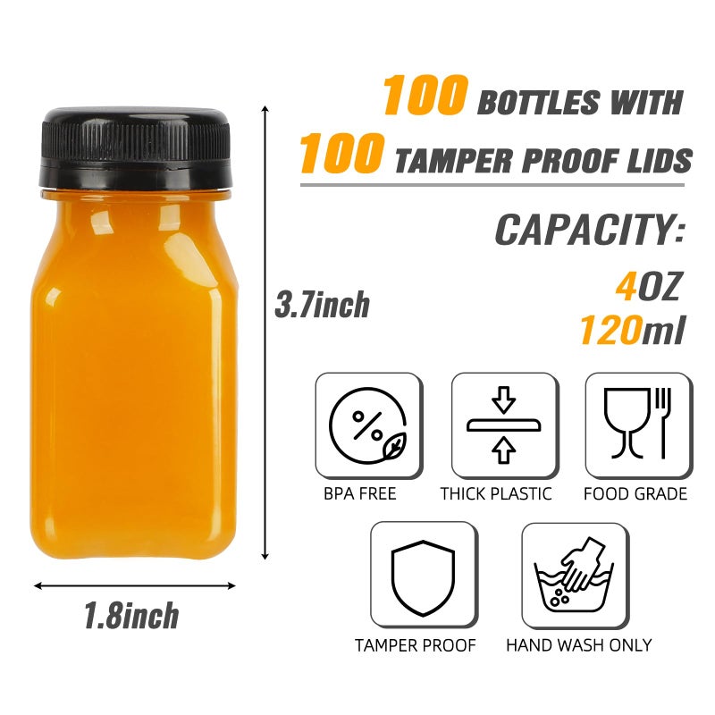 TOMNK 100pcs 4oz Juice Bottles, Reusable Small Shot Bottles with Lids, Labels, Funnel and Brush Beverage Containers for Juicing, Ginger Shots, Milk and Beverages - Image 2