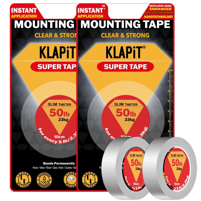 كلابيت شريط سوبر تاب مزدوج الجوانب، شريط تثبيت متين يتحمل وزنًا يصل إلى 23 كجم باستخدام تقنية النانو المُحسّنة. شريط شفاف للجدران والخشب والبلاط والحجر والزجاج والمعادن والأكريليك. - Image 1