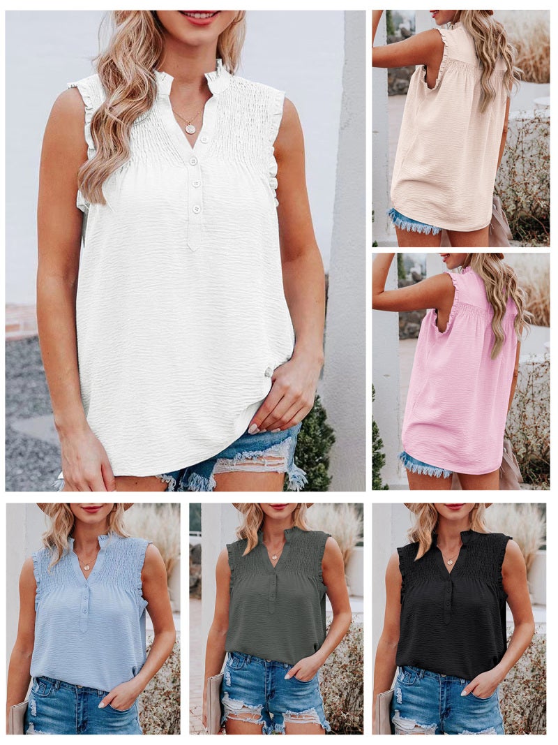 Women Sleeveless Blouse Ruffles Button V Neck Vest Casual Tops - Image 4
