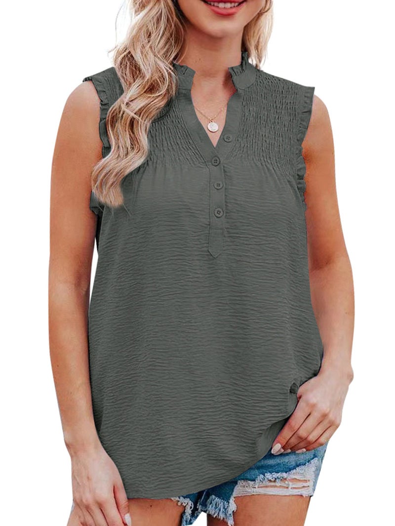 Women Sleeveless Blouse Ruffles Button V Neck Vest Casual Tops - Image 1