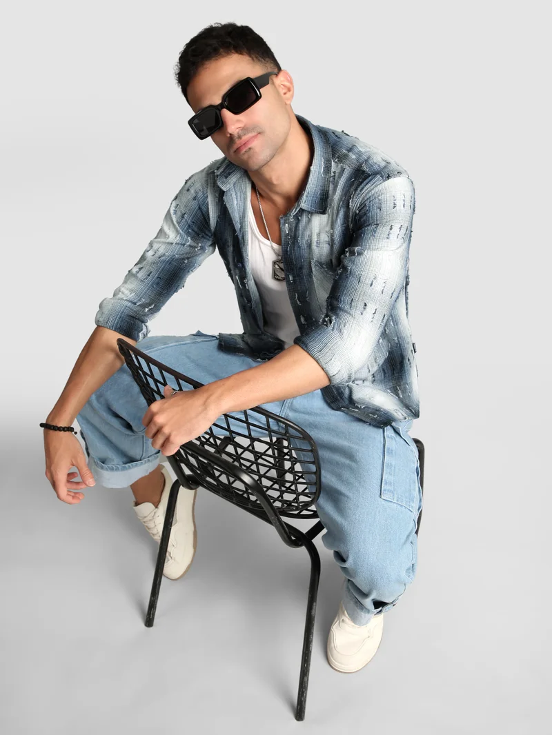 Beyoung Blue Frayed Check Shirt