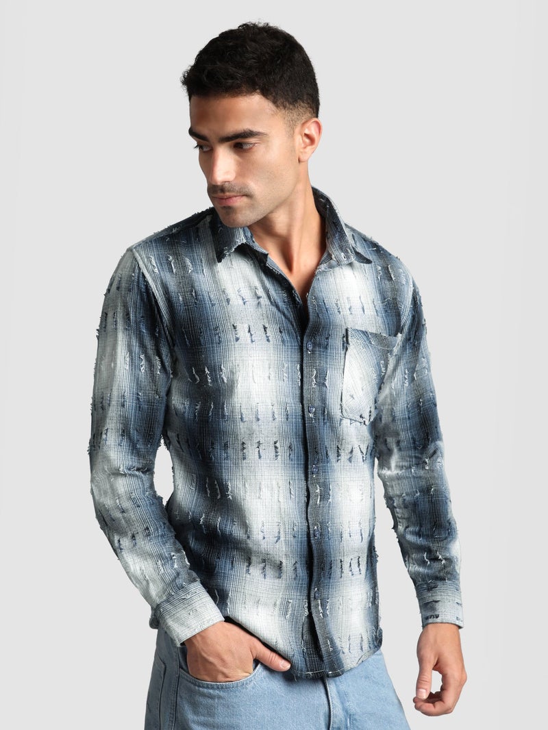 بيونغ قميص كاروهات أزرق ممزق - Image 1