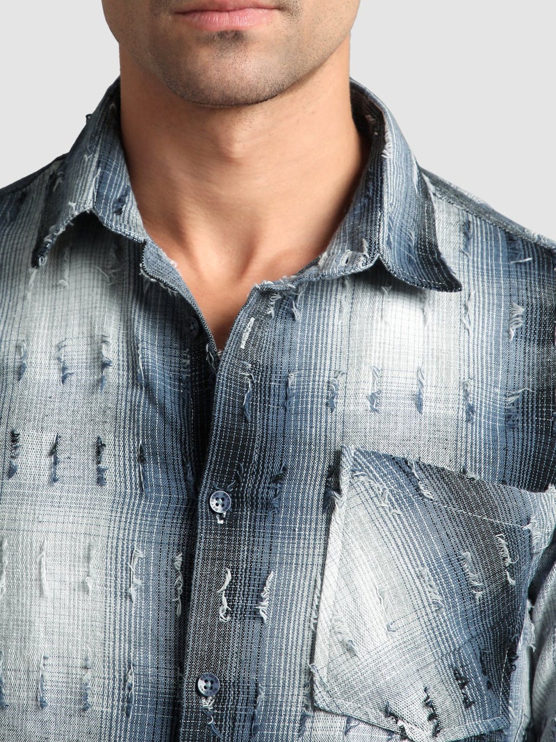 بيونغ قميص كاروهات أزرق ممزق - Image 3