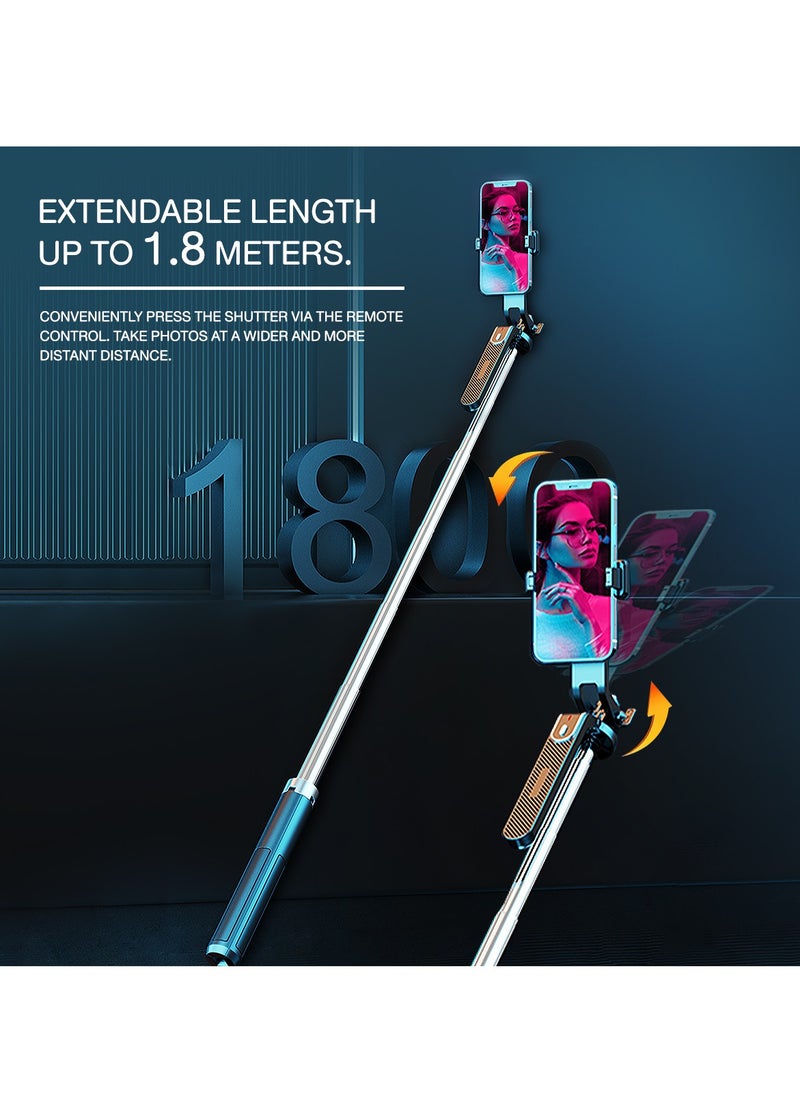 Generic - Telescopic 1.8M Bluetooth selfie stick, mobile phone selfie stick with dual lights, four-legged stand, rotatable, portable lightweight, stable durable - Image 1