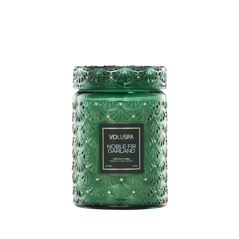 Voluspa Noble Fir Garland Large Candle Jar 18oz Coconut Wax Blend Christmas Scented Candles for Home 100 Hour Burn Time Poured in the USA