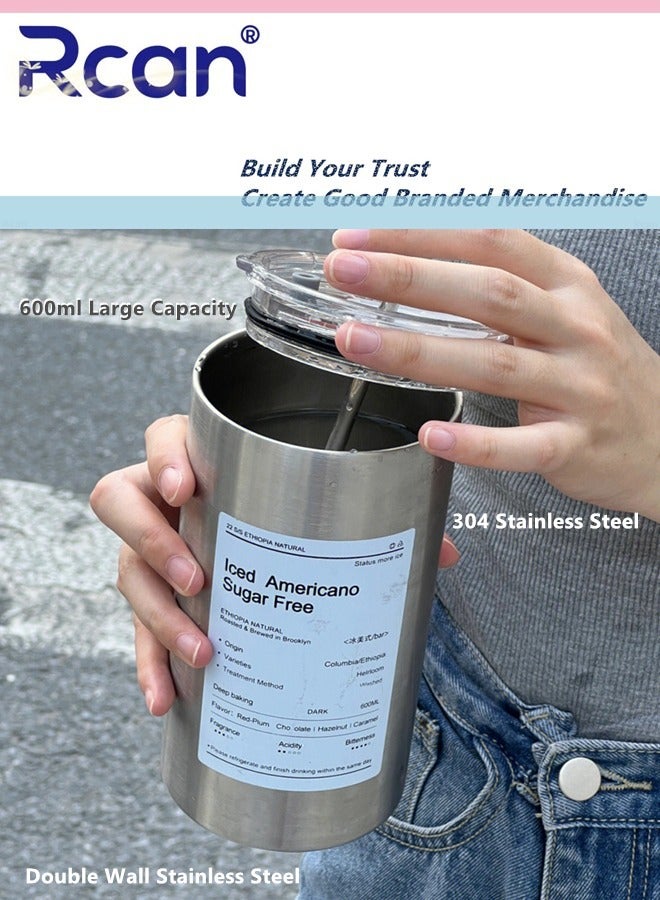 Rcan Stainless Steel Insulated Tumbler, Vacuum Flask with Leak Proof Lid and Straw, Double Wall Travel Coffee Mug, Adult Travel Coffee Mug, Iced Coffee Cup with Lid 600ML/20oz - Image 1