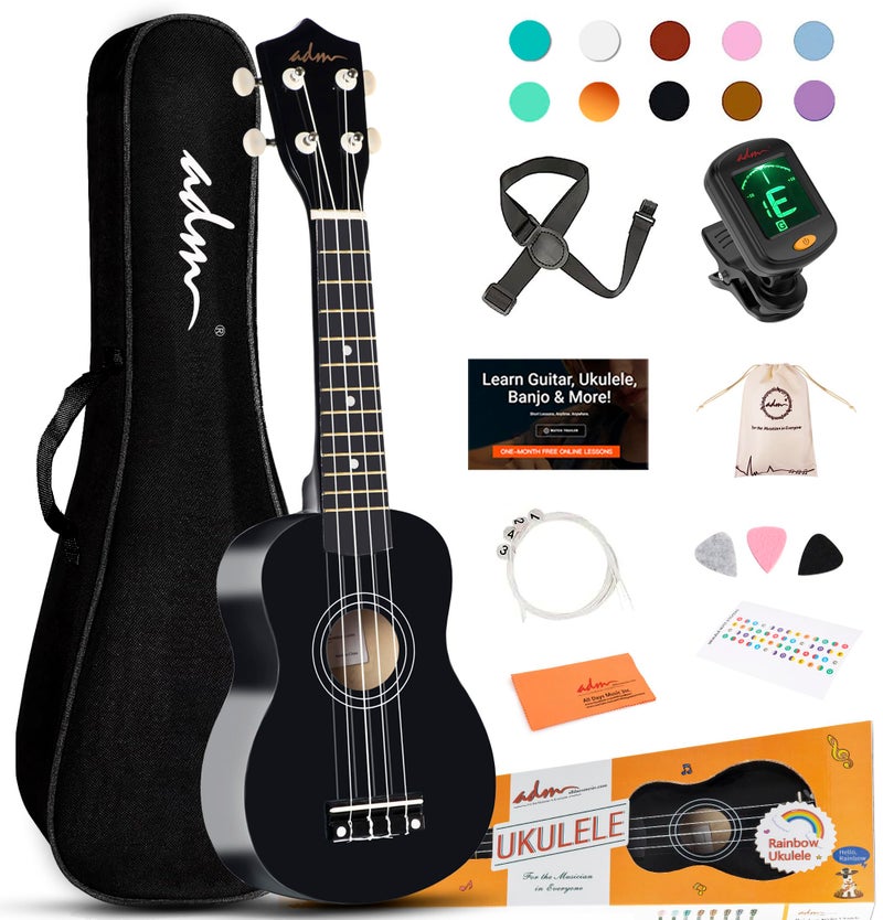 ADM Ukulele for Beginners Hawaiian Wood Ukelele Kit for Kids Adult Student Starter Professional Ukalelee Pack Bundle with Free Lessons Gig Bag Strap Nylon String Tuner Black 21 Inch
