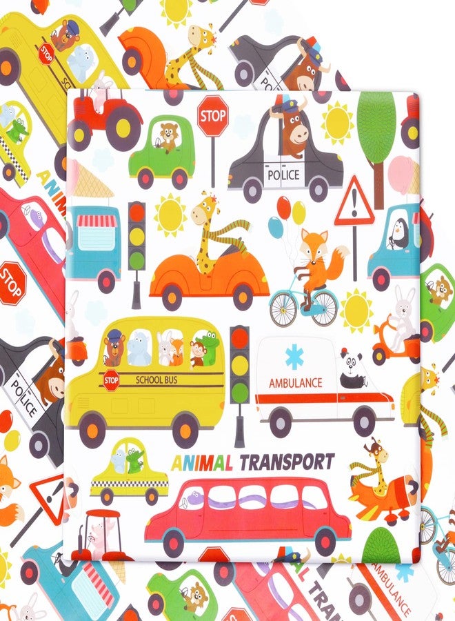 NEPOG Birthday Wrapping Paper for Kids Boys Girls, Animal Transport Design Gift Wrapping Paper, Cartoon Animals 6 Sheets Folded Flat 20x28 inches per Sheet for Birthday Baby Shower - Image 1